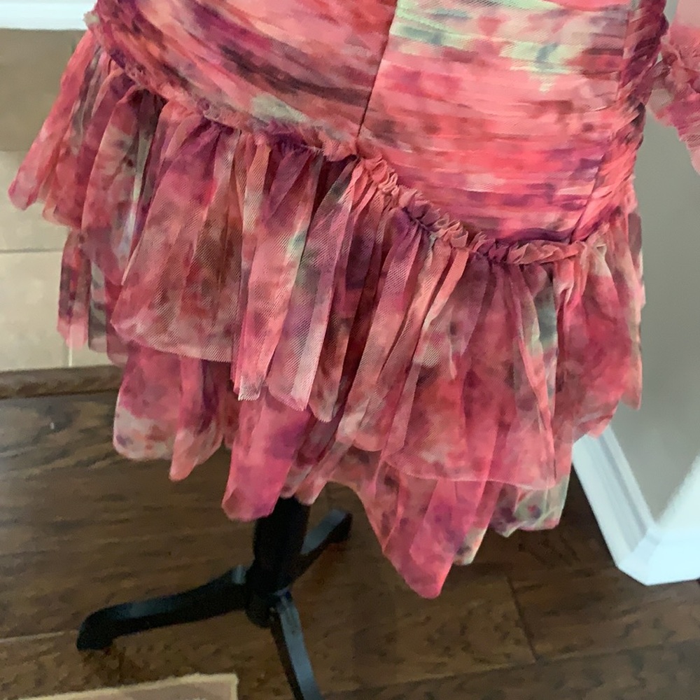 Multicolored pink floral graphic runched tulle bodycon mini dress - Picture 7 of 16